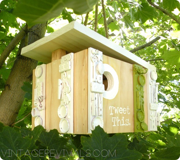 Make a modern birdhouse with wood. Use unusual stuff to decorate and 