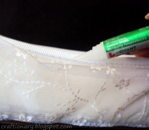 gluing-white-lace-to-white-shoe-from-walmart