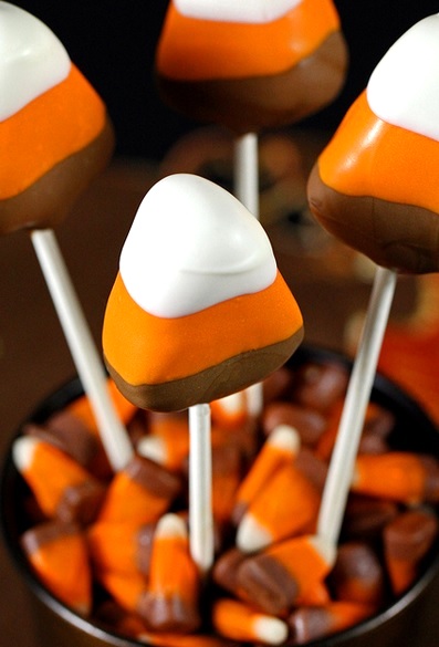 chocolate candy corn cake pops