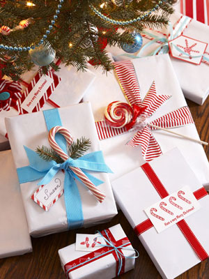 gifts wrapped colored ribbon