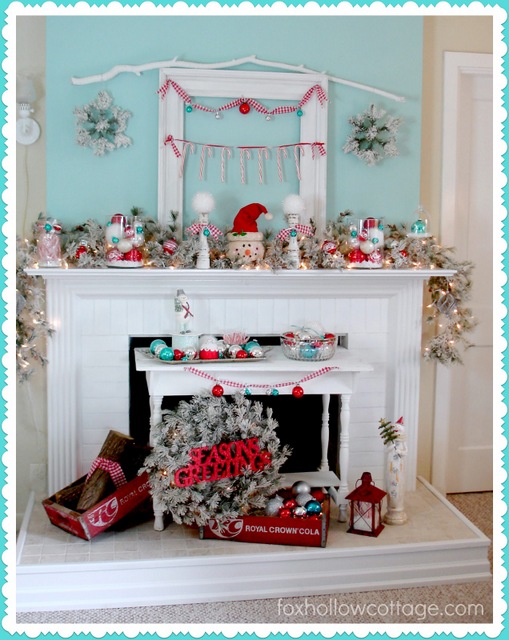 pink blue Christmas Mantel