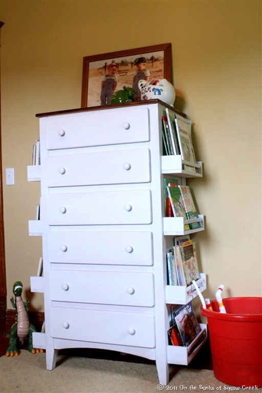 books storage shelves on dresser