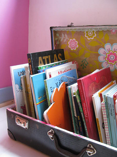 organize books in an old suitcase