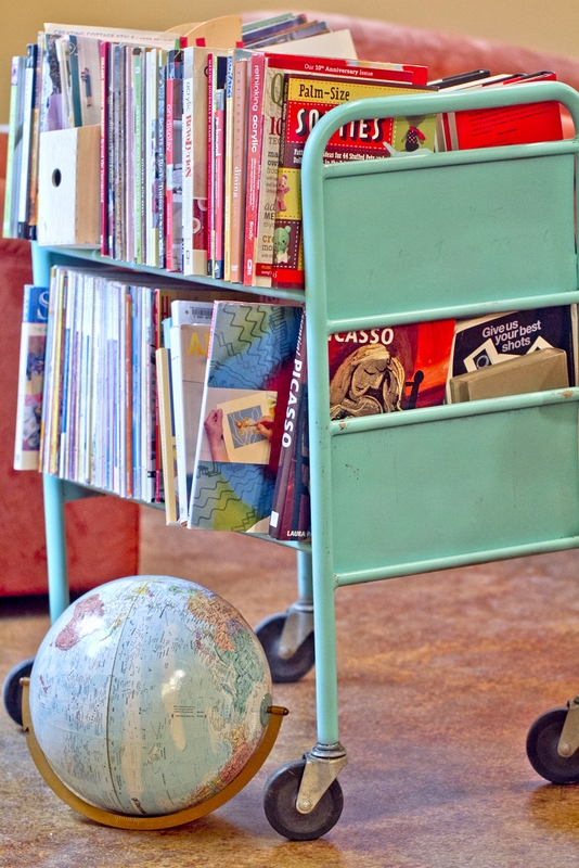 organize books on vintage cart