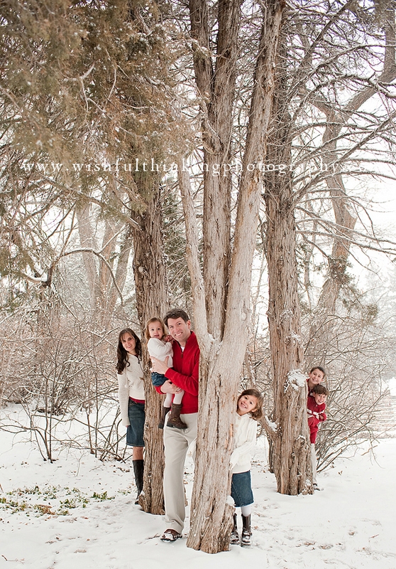 snow tree peekaboo family photo