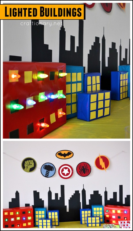 DIY lighted buildings for superhero birthday party