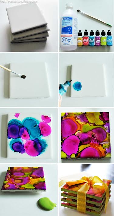 DIY alcohol ink dyed abstract coasters