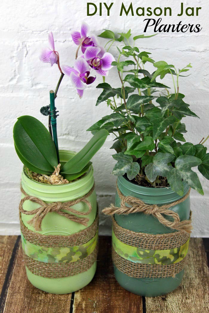 DIY mason jar planters with burlap and twine in green