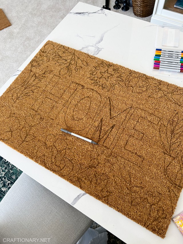 sketching design to paint on coir doormat diy