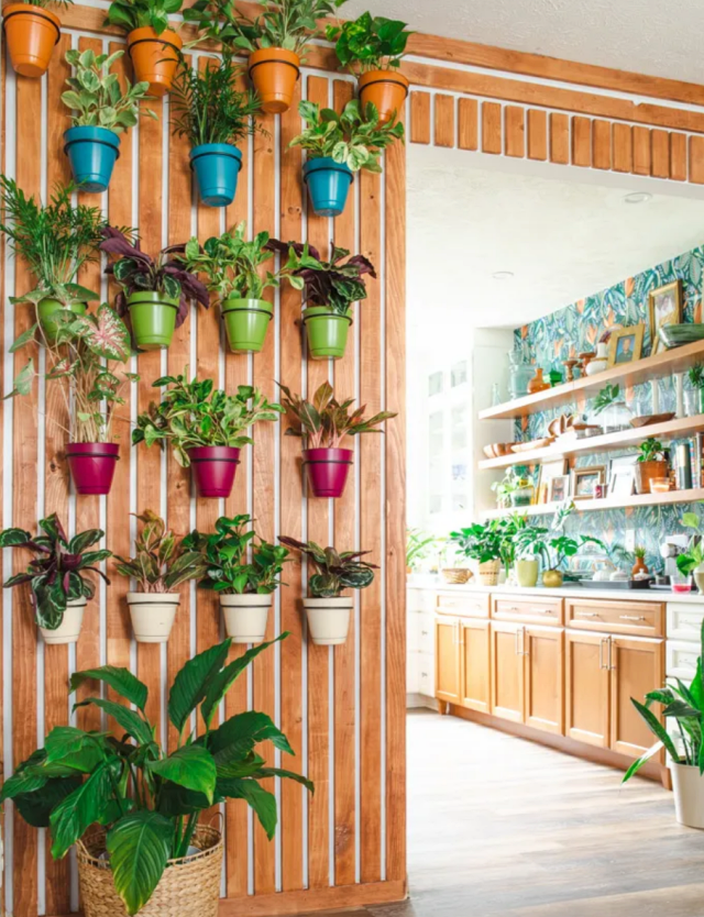 diy wood slat colorful vertical plant walls