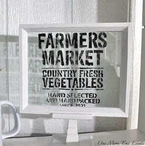 farmers market sign stenciled on glass pedestal picture frame kitchen decor