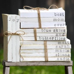 farmhouse hand stamped book stacks