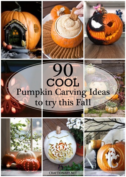 Carved Pumpkins, Smiling, on a Table Out of Doors Facing and Side