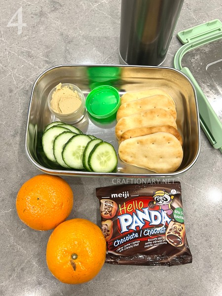 lunch-idea-for-kindergartner-flat-bread-hummus-cucumbers-oranges-hello-panda-biscuits