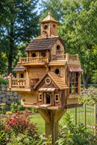 birdhouse-mansion-on-post-decoration-with-scraps-of-wood-for-garden