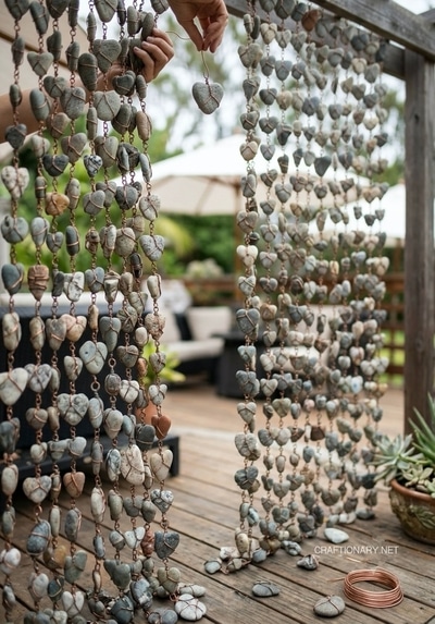 diy-rock-wall-with-copper-wire-to-hold-heart-shaped-rocks