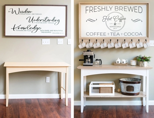 how-to-build-a-farmhouse-style-coffee-bar-station-for-your-kitchen-on-a-budget-with-cute-coffee-sign-refinished-table-shelf-with-hooks-and-coffee-cups