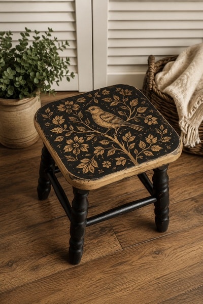 wood-burning-art-on-wood-stool