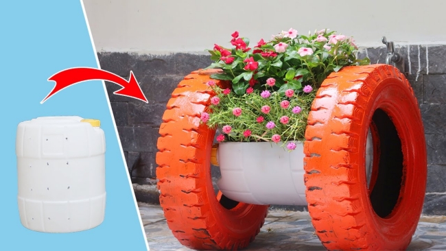 Recycling Plastic Barrel and tires into garden spools planter