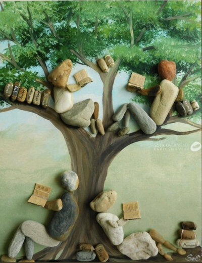 family-tree-branch-reading-books-diy-pebble-art-ideas