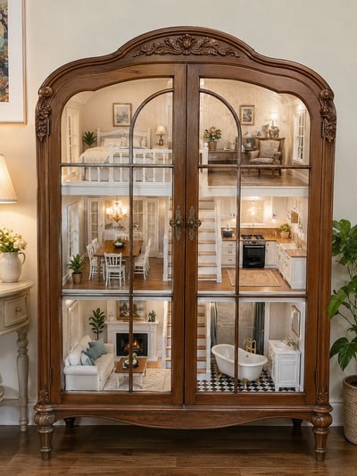 upcycled-vintage-cabinet-into-dollhouse-decor-adult-crafting-hobby-idea