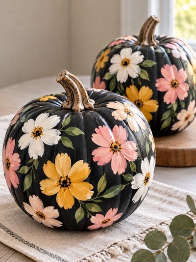hand-painted-black-pumpkins-with-pink-yellow-and-white-flowers