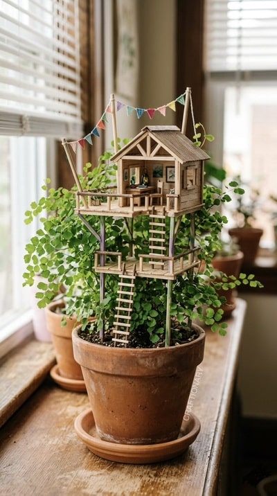 popsicle-sticks-treehouse-fairy-garden-in-a-terra-cotta-pot