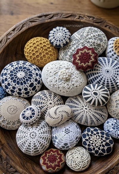 rocks-decorated-with-crochet-doilies