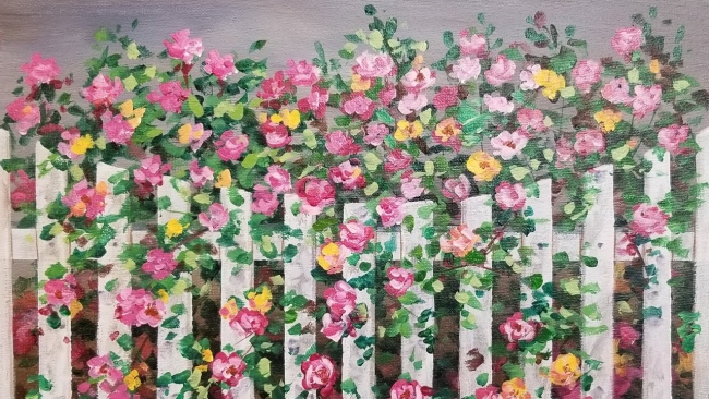 Climbing Roses on Fence Acrylic Painting