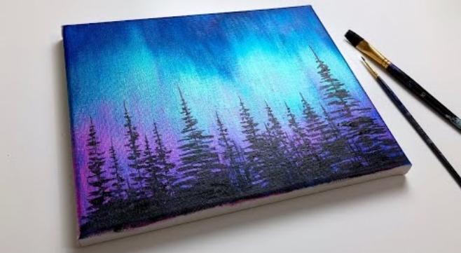 Northern Lights Forest-Aurora Acrylic Painting