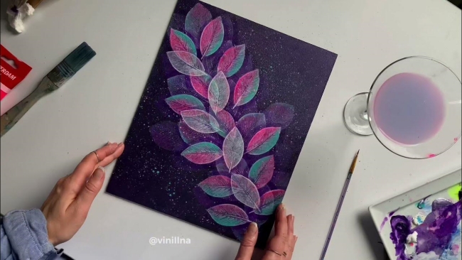Purple cosmic leaf painting-tutorial