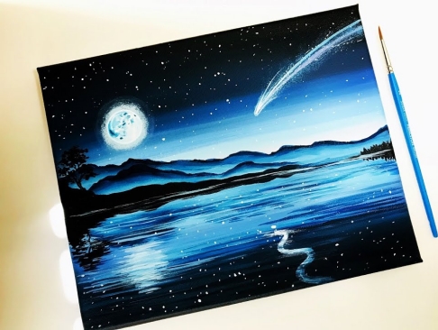 how to paint the shooting star moonlight night landscape