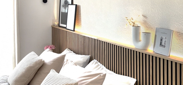 Bedroom wall design with panels and colour