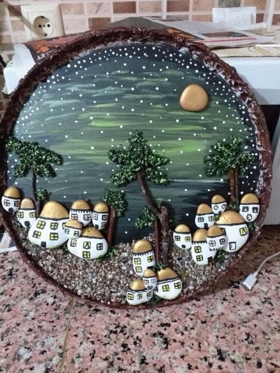 Painted house rocks scene on a tray
