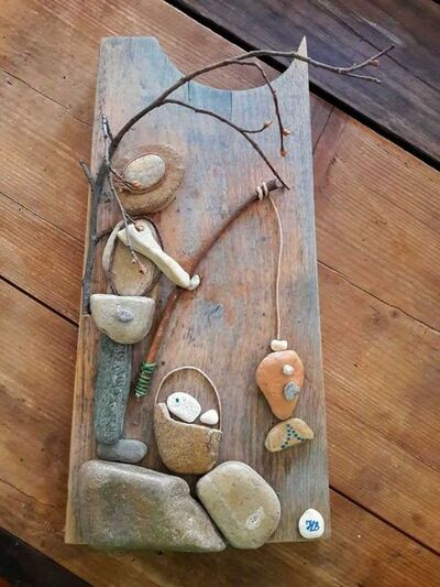 fishingmancatchingfishesfromthelakecottagepebbleartidea