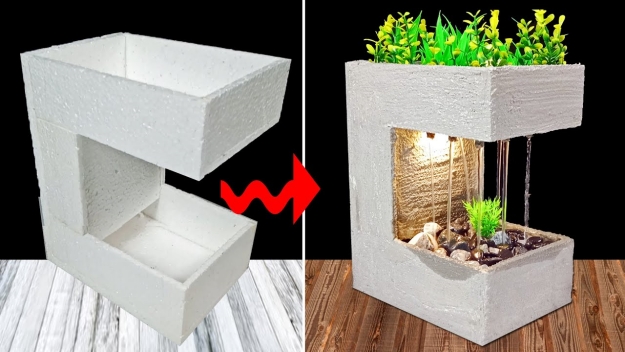 Styrofoam and cement mini water fountain waterfall made at home