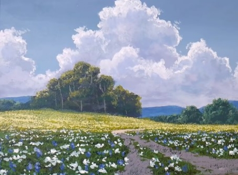 Acrylic Painting Sunlit Meadow Landscape