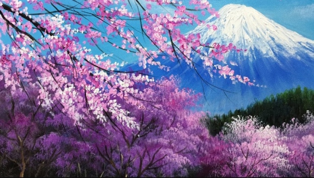 cherry blossoms in the Mt. Fuji Acrylic Painting
