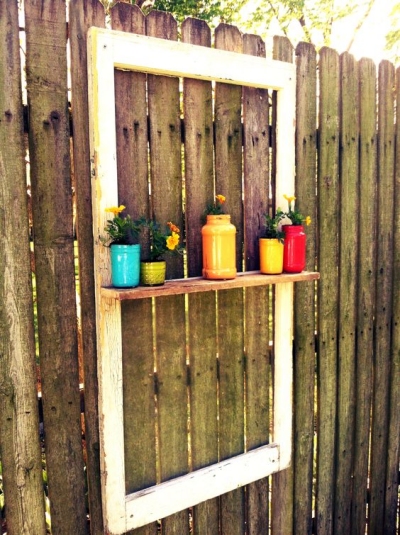 old window, scrap piece of wood for shelf