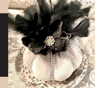 Silver Velvet Glam Pumpkin with Feathers