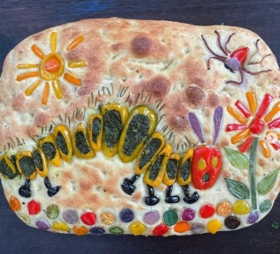 Caterpillar focaccia art