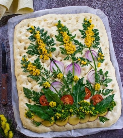 Flowered focaccia mimosa