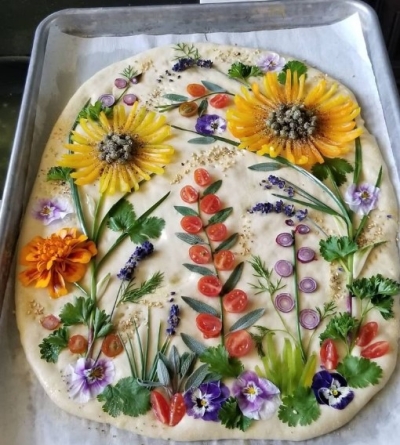 Intricate garden art focaccia