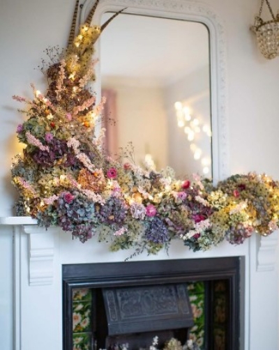 Mantle piece decor with dried flowers