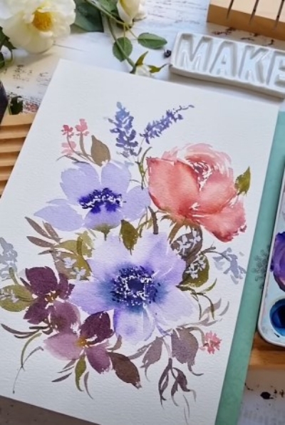 Dusty Rose and Purple Watercolor Flowers