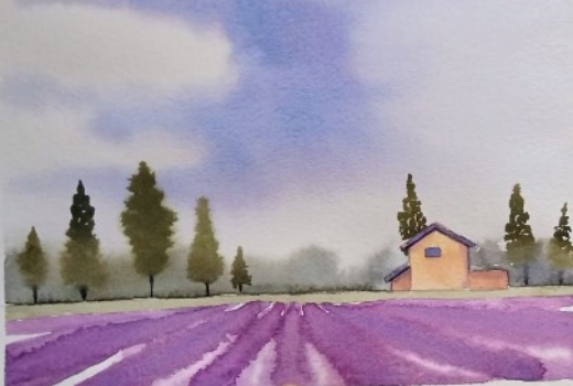 Easy Watercolor Lavender Field Landscape Painting