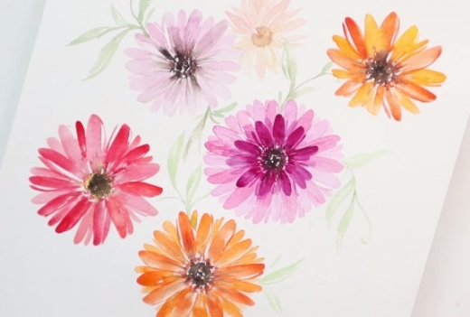 Gerbera Daisies in yellow, orange and pink washes