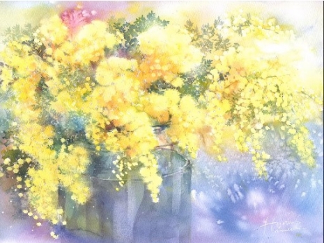 Mimosa Flowers with Fluid Watercolor Strokes