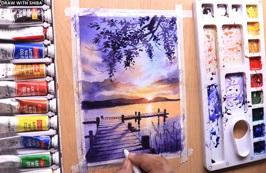 sunset-watercolor-landscape-of-river-side-view