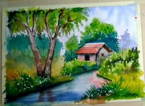 Simple watercolor landscape painting for beginners